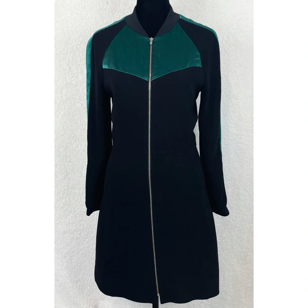 MAJE • Black/Green Rizia Contrast-Inset A-Line Long Sleeve Mini Dress, S - Picture 5 of 16